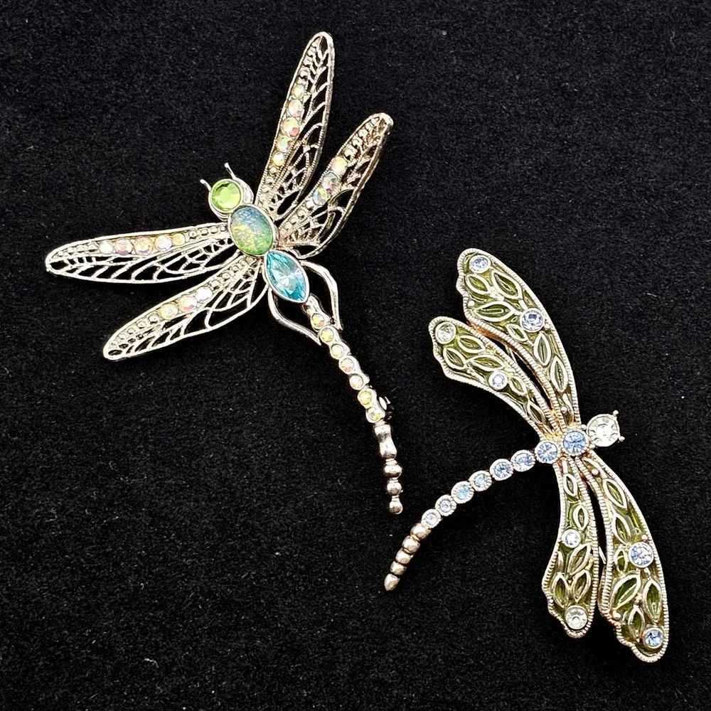 Dragonfly Brooch Pin Set 2pc Silver Tone Blue Green Rhinestone Enamel Pastels